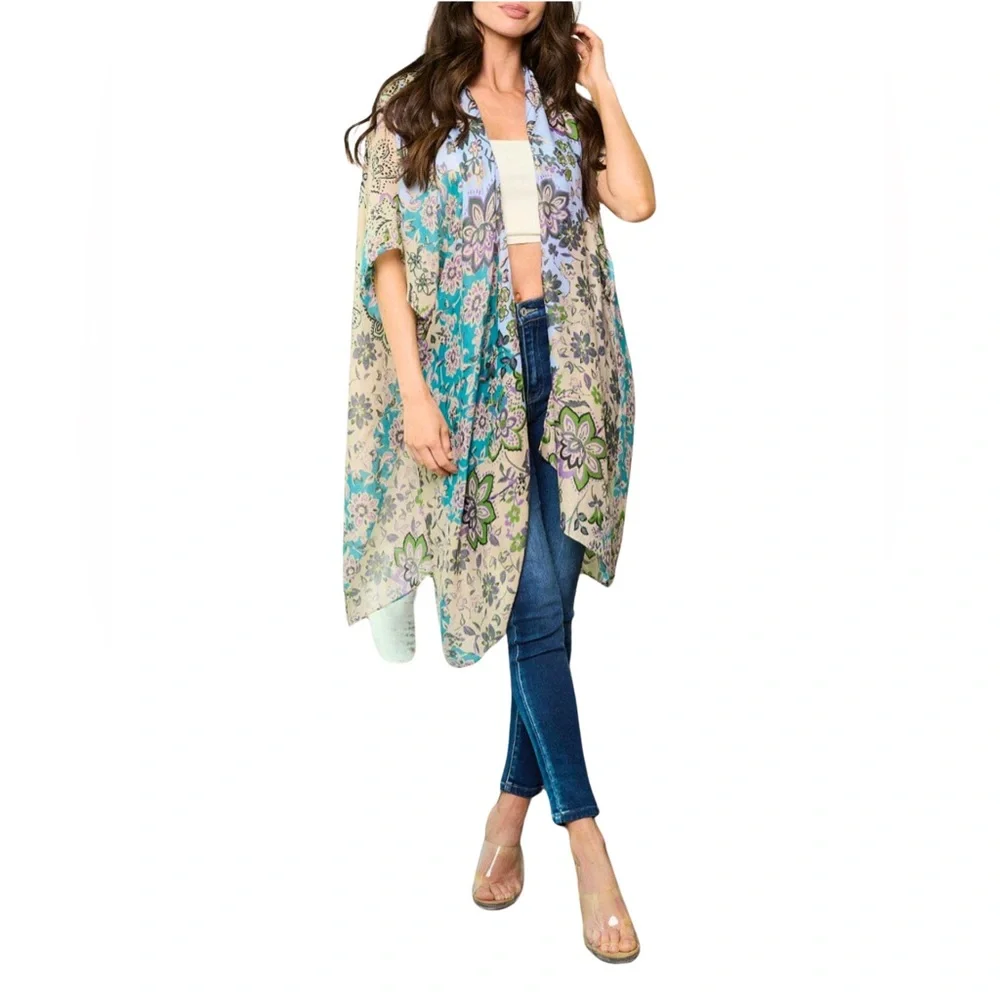 Women's Floral Open Front Kimono - Picture 1 of 2